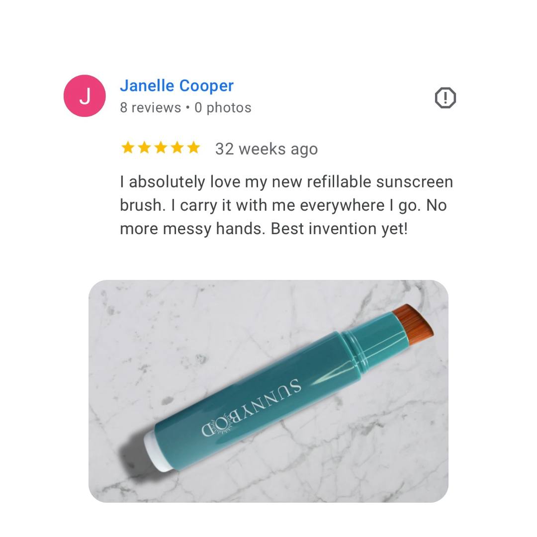 5-star customer review of SUNNYBOD refillable sunscreen applicator — loved for mess-free SPF.
Customer feedback for SUNNYBOD kids sunscreen applicator brush — easy and fuss-free SPF.
Positive review of SUNNYBOD sunscreen brush — fast and mess-free sunscreen for families.
