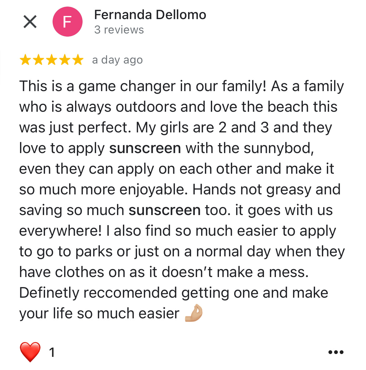 A five star google review of the SUNNYBOD refillable sunscreen applicator brush