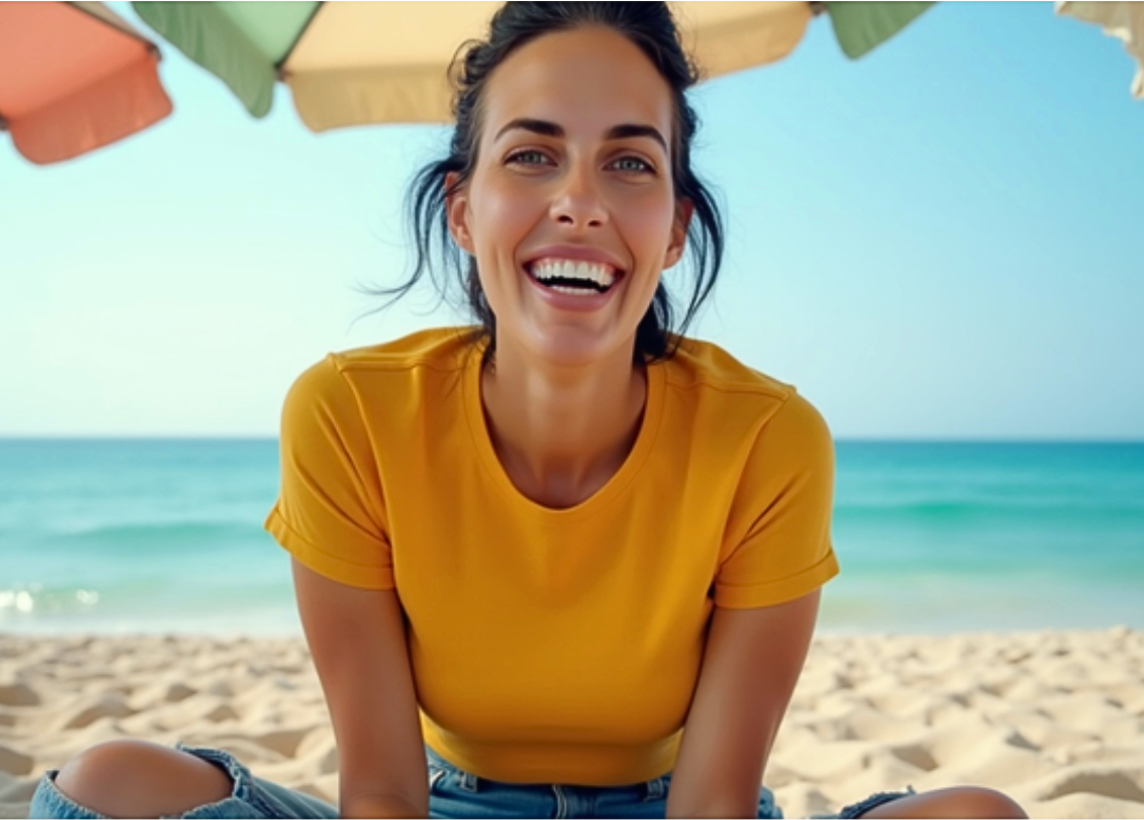 SUNNYBOD founder smiling at the beach on a sunny day, representing the SUNNYBOD sunscreen applicator brand, with the ocean in the background.