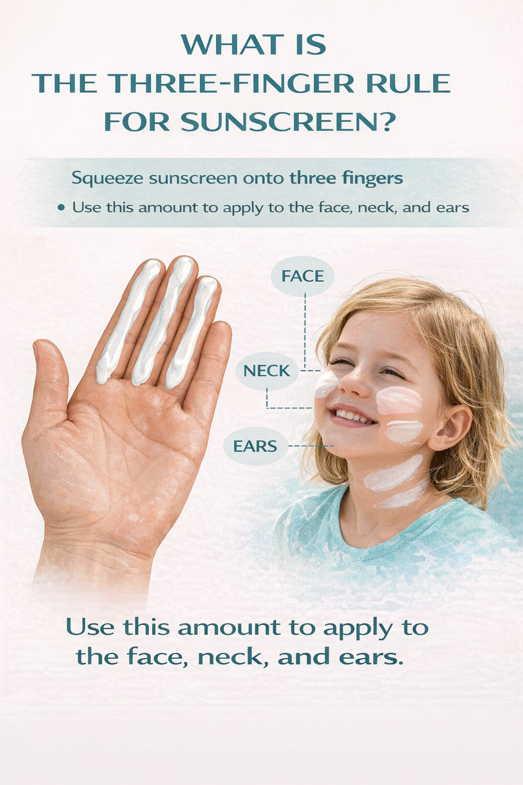 Three-finger rule for sunscreen infographic showing the correct amount of sunscreen to apply to the face, neck and ears, with sunscreen placed along three fingers and applied to a child’s face.
