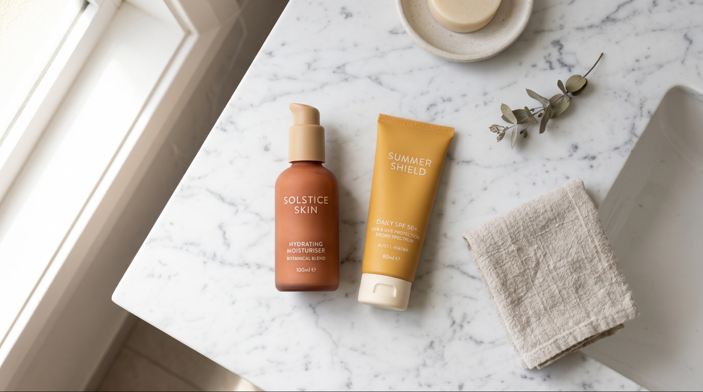 Moisturiser and sunscreen shown together in a flat lay image to explain which goes on first in skincare routine