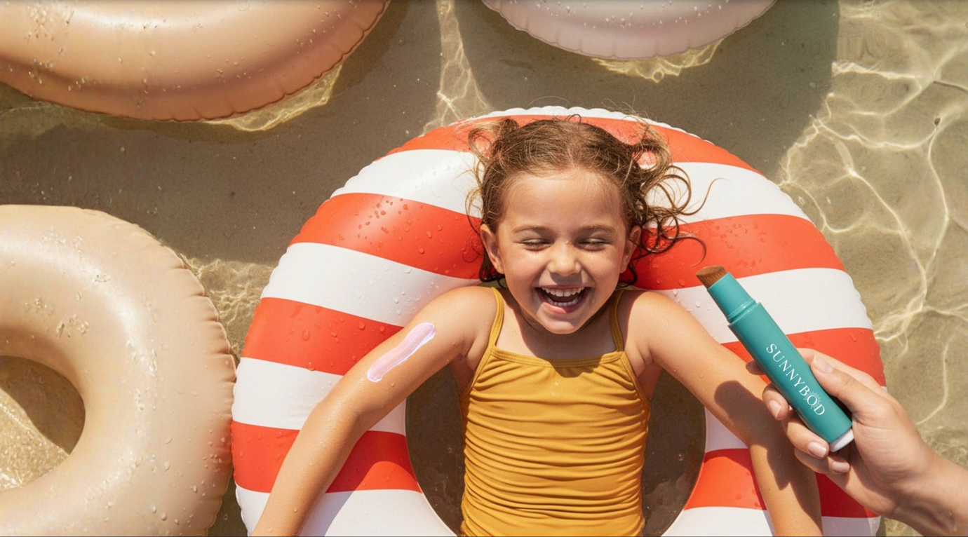 A laughing child on a striped pool float ring with sunscreen on her arm, applied using a SUNNYBOD sunscreen applicator. 
