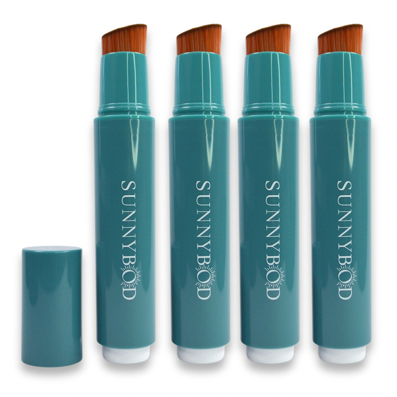 The picture shows The Family Pack. Four SUNNYBOD™ Refillable Sunscreen Brush Applicators standing side by side. The brush is turquoise. The susncreen brush bristles are light brown. The handle has the word "SUNNYBOD" written in white capital letters. There is also a turquoise cap next to the brush that can be placed on the brush to cover the bristles. The brush is placed on a white background.